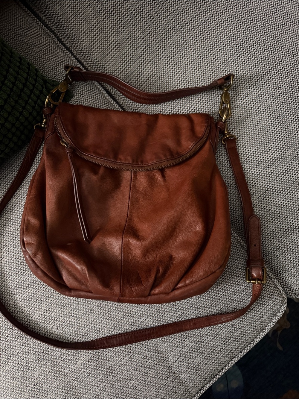 margot Chestnut Brown Leather Shoulder Bag with Brass Hardware